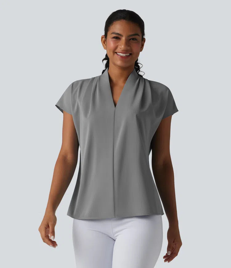Wrinkle Recovery V-neck Batwing Sleeve Loose Fit Work Blouse