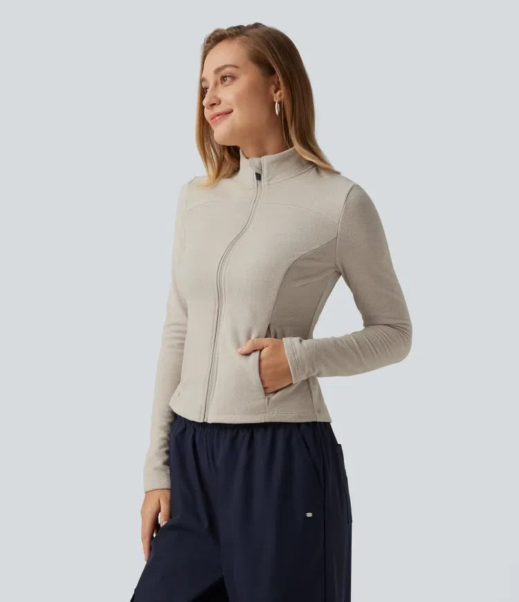 Stand Collar Long Sleeve Fleece Casual Jacket with Pockets