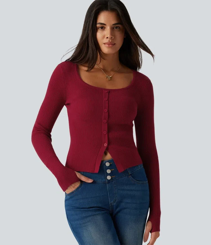 Square Neck Long Sleeve Thumb Hole Casual Jumper