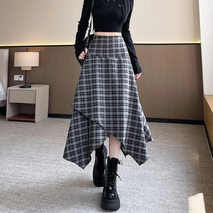 High Waisted Asymmetric Plaid A-Line Casual Midi Skirt with Pockets