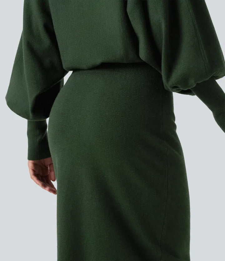 Boat Neck Puff Long Sleeve Work Jumper Dress
