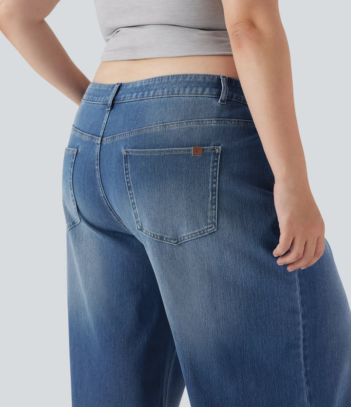 Plus Size Halara Flex Asymmetric Low Rise Wide Leg Washed Casual Jeans with Pockets