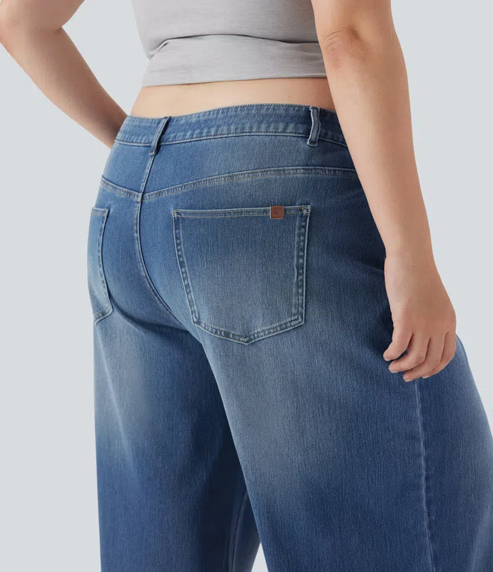 Plus Size Halara Flex Asymmetric Low Rise Wide Leg Washed Casual Jeans with Pockets