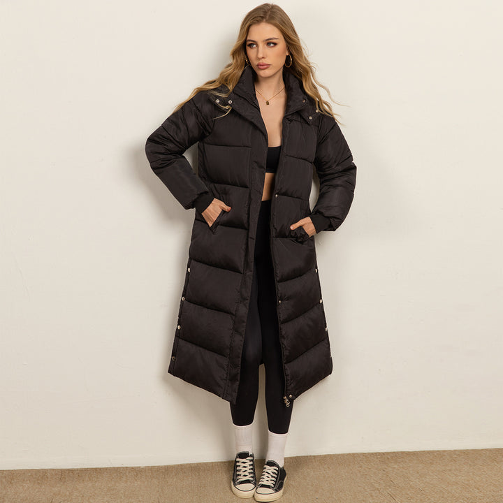 Hooded Long Sleeve Zipper Longline Casual Puffer Jacket with Pockets