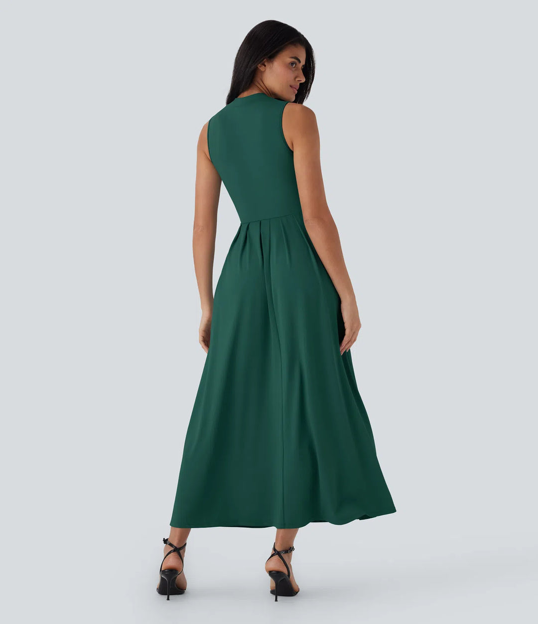 Stand Collar Sleeveless Flare Maxi Casual Dress with Side Pockets