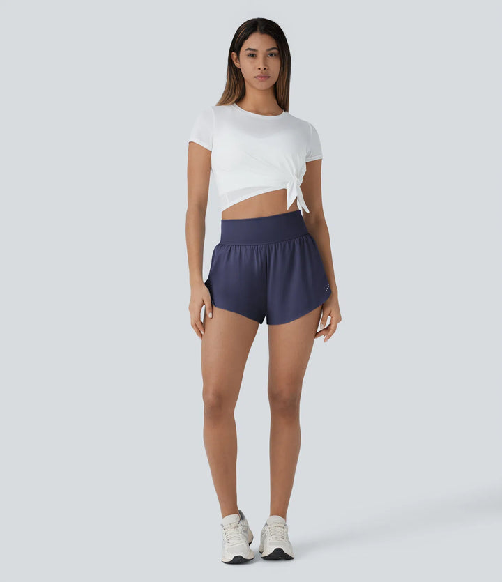 SoftlyZero QuickDry High Waisted Tummy Control Reflective Dots Crossover Hem 2-in-1 Running Shorts 3&