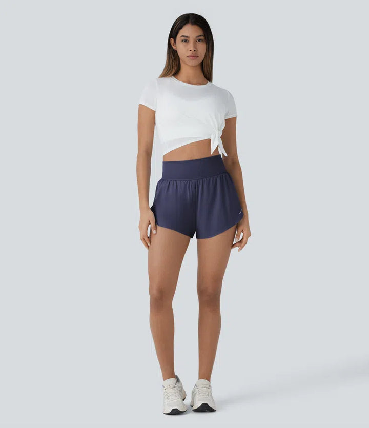 SoftlyZero QuickDry High Waisted Tummy Control Reflective Dots Crossover Hem 2-in-1 Running Shorts 3&