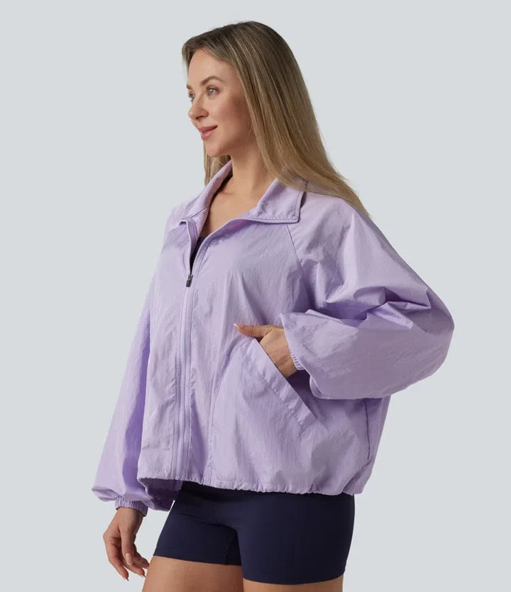 Durable Water Repellent Stand Collar Long Sleeve Zipper Workout Jacket with Pockets