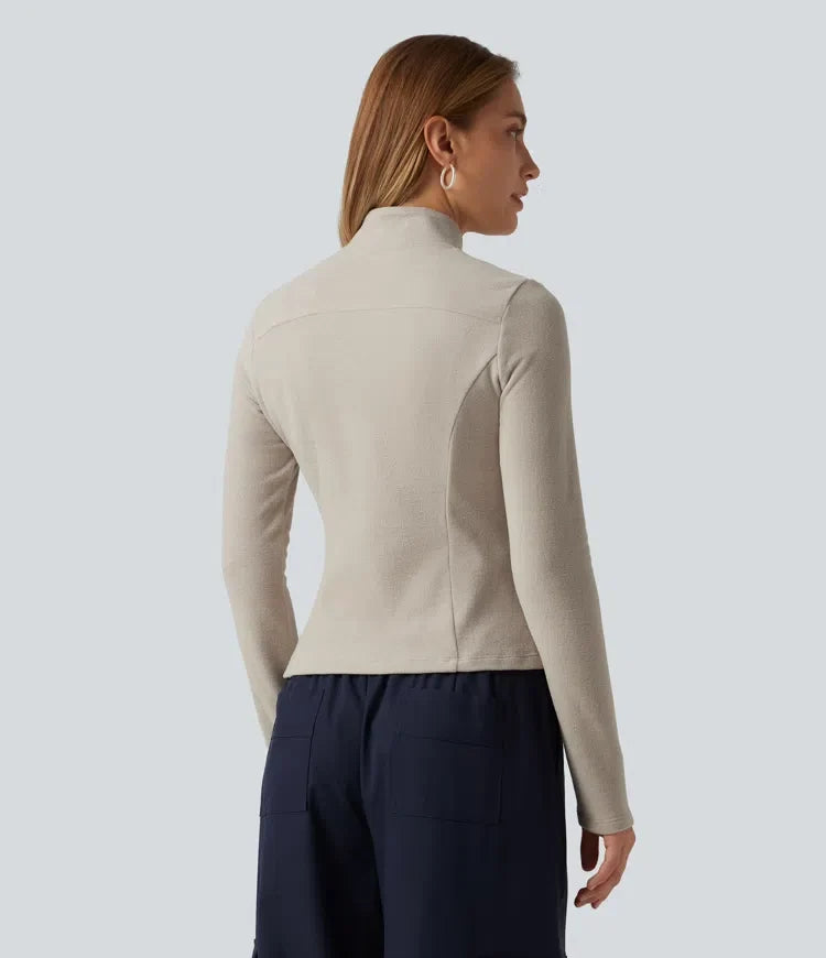 Stand Collar Long Sleeve Fleece Casual Jacket with Pockets