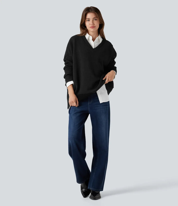 V-neck Reglan Long Sleeve Relaxed Fit Casual Jumper