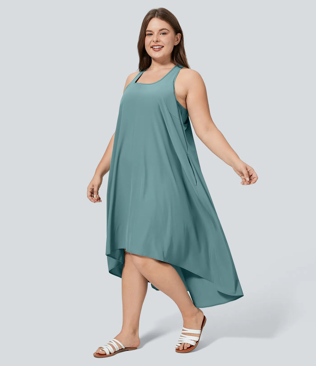 Breezeful Backless Racerback Side Pocket High Low Flowy Midi Quick Dry Casual Plus Size Dress