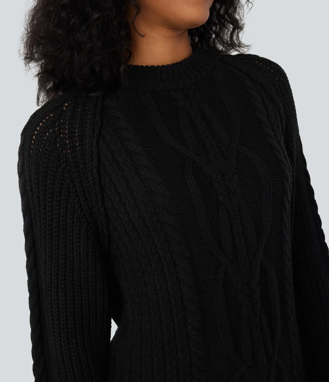 Round Neck Raglan Long Sleeve Relaxed Cable Knit Casual Jumper