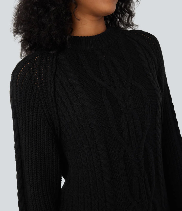 Round Neck Raglan Long Sleeve Relaxed Cable Knit Casual Jumper