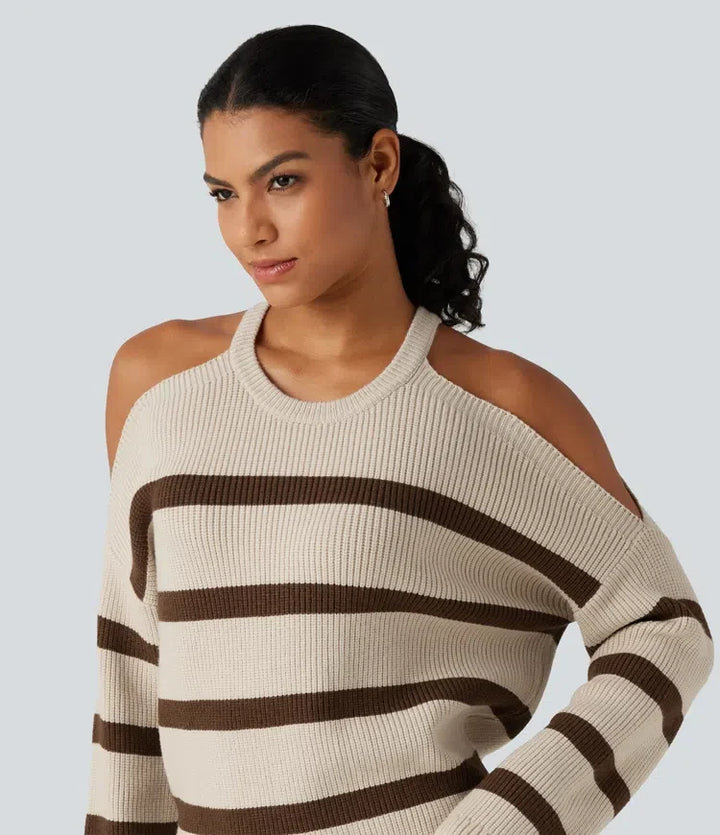 Round Neck Cold Shoulder Long Sleeve Stripe Work Jumper