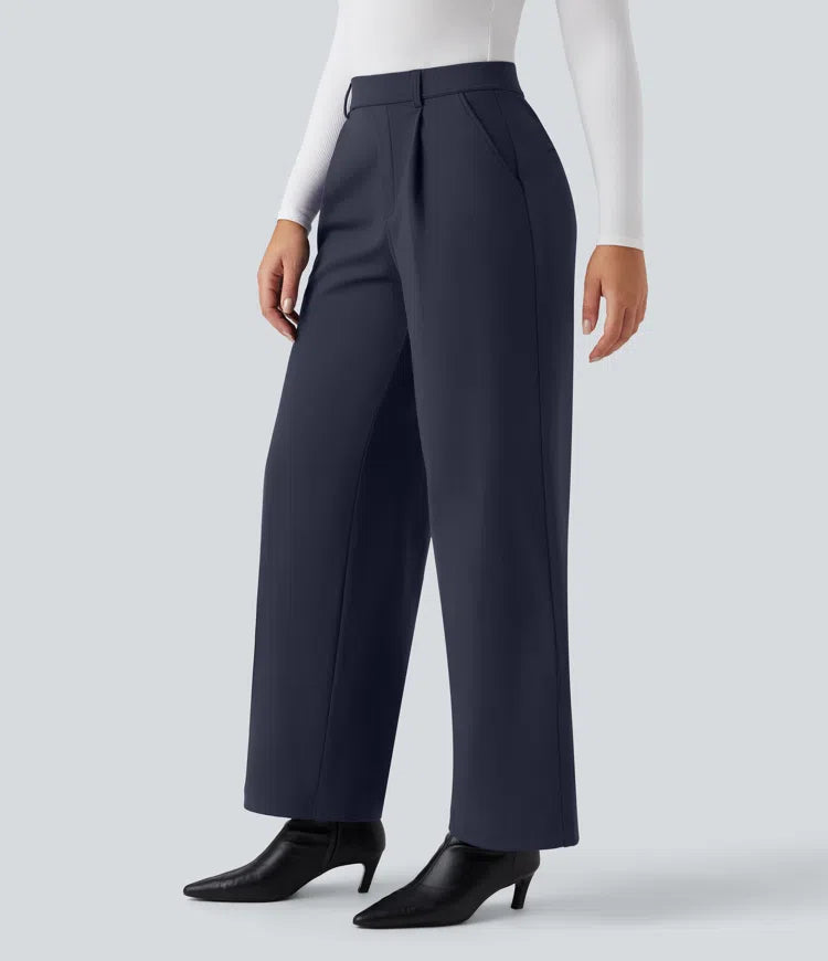SoftlyZero Plush Thermal High Waisted Straight Leg Work Trousers with Pockets