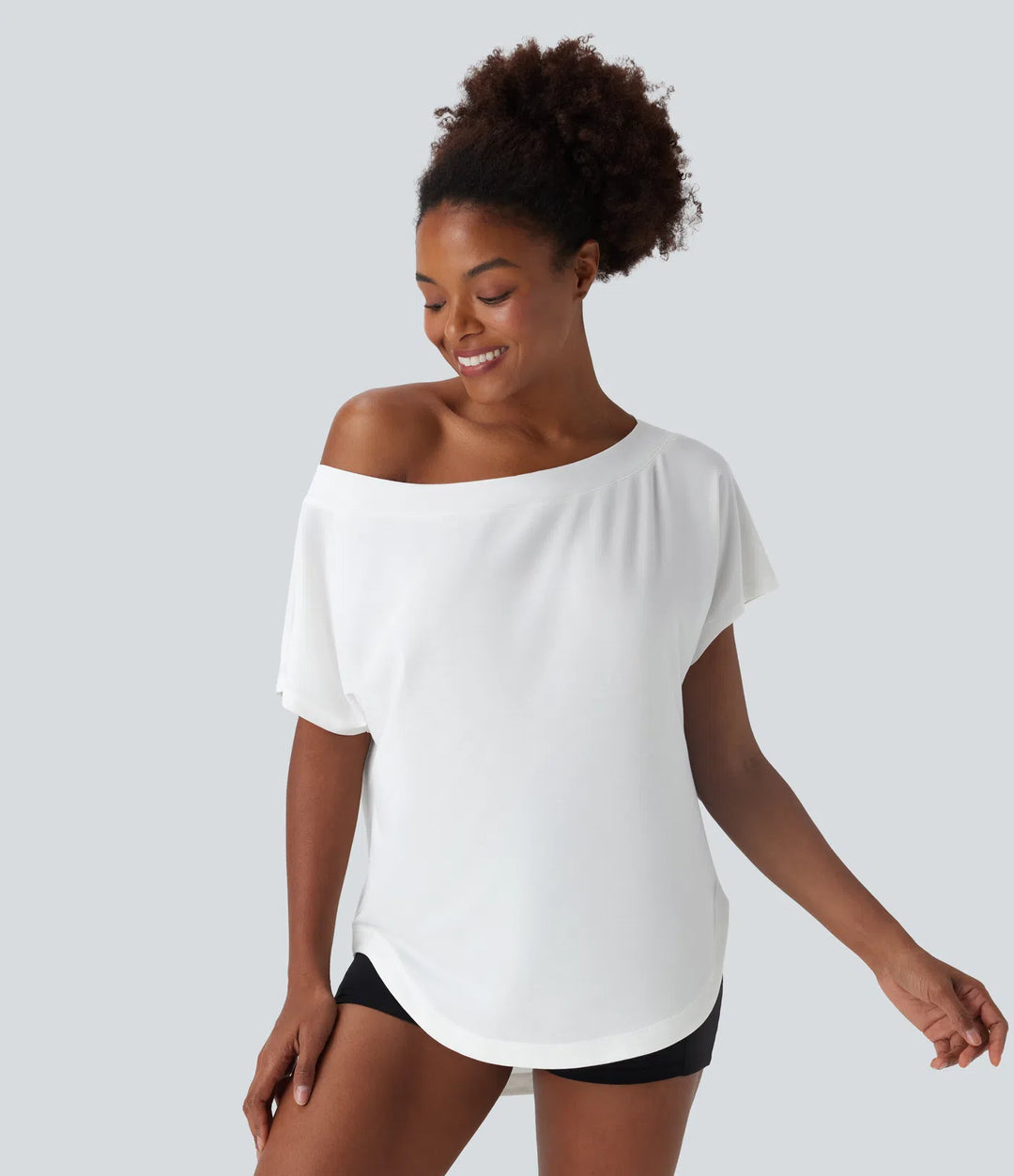 One Shoulder Short Sleeve Curved Hem High Low Quick Dry Yoga Sports Top