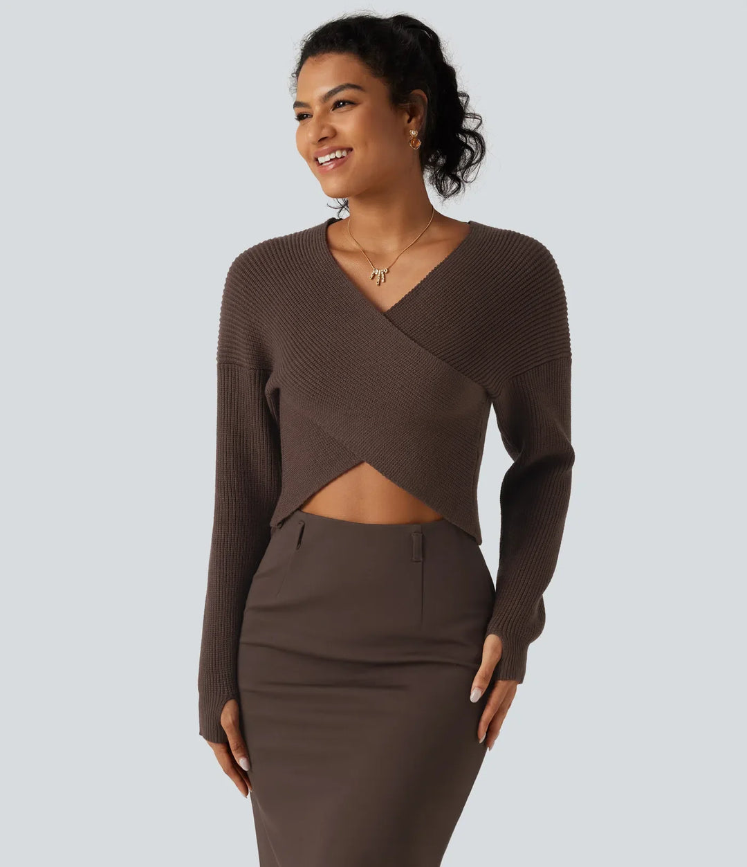 V Neck Crossover Batwing Long Sleeve Thumb Hole Casual Jumper