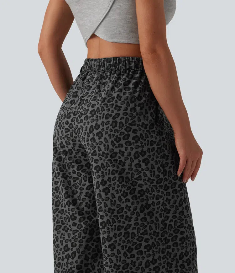 Mid Rise Wide Leg Leopard Print Casual Trousers with Pockets