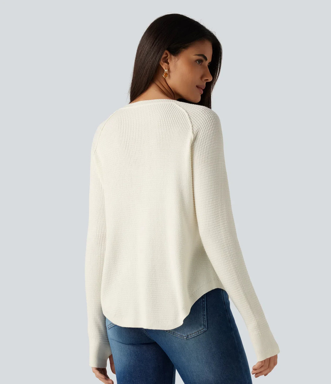 Henley Neck Long Sleeve Thumb Hole Curved Hem Casual Jumper