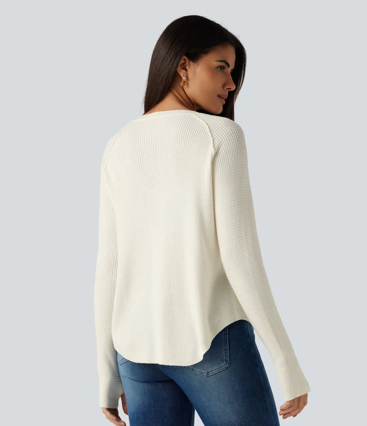 Henley Neck Long Sleeve Thumb Hole Curved Hem Casual Jumper