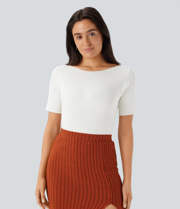 Boat Neck Short Sleeve Slim Work Jumper