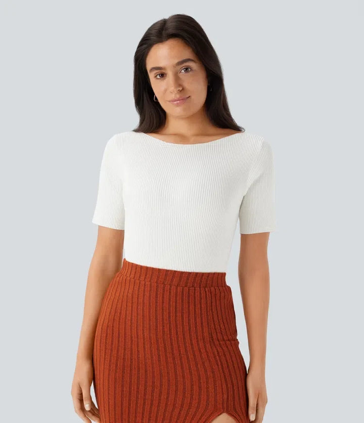 Boat Neck Short Sleeve Slim Work Jumper