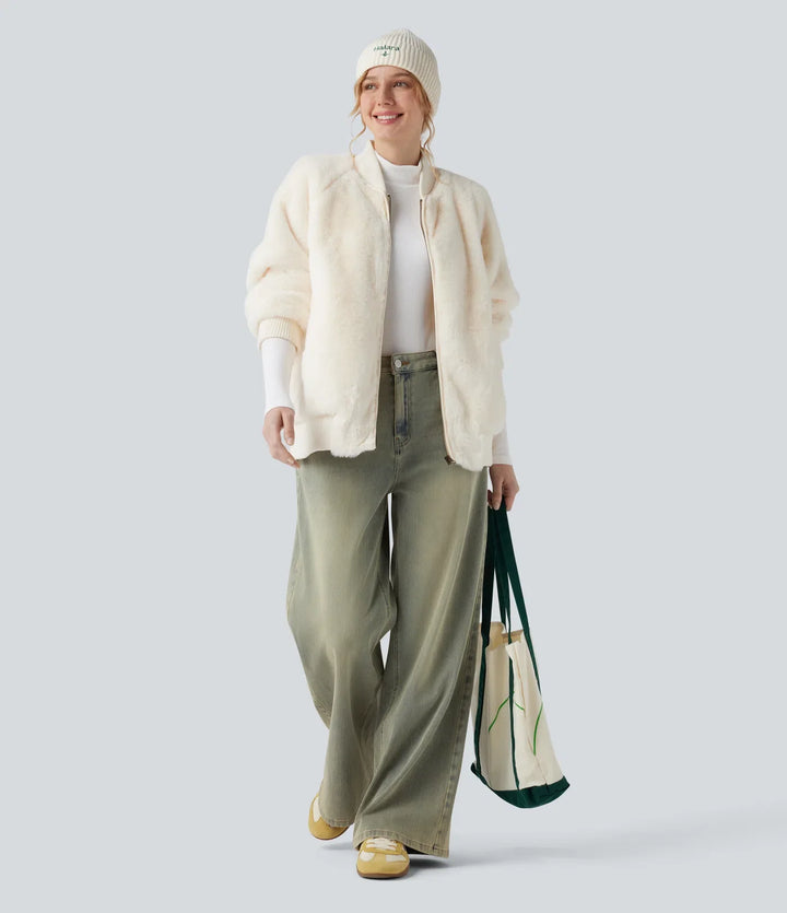 Zipper Long Sleeve Casual Sherpa Bomber Jacket with Pockets
