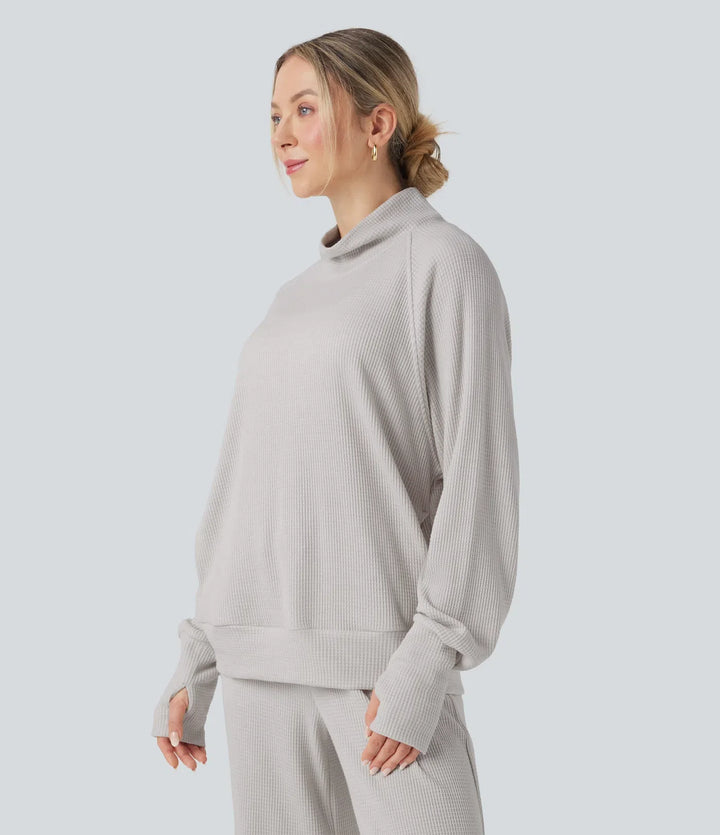 High-neck Long Sleeve Thumb Holes Oversized Waffle Casual Sweatshirt with Pockets
