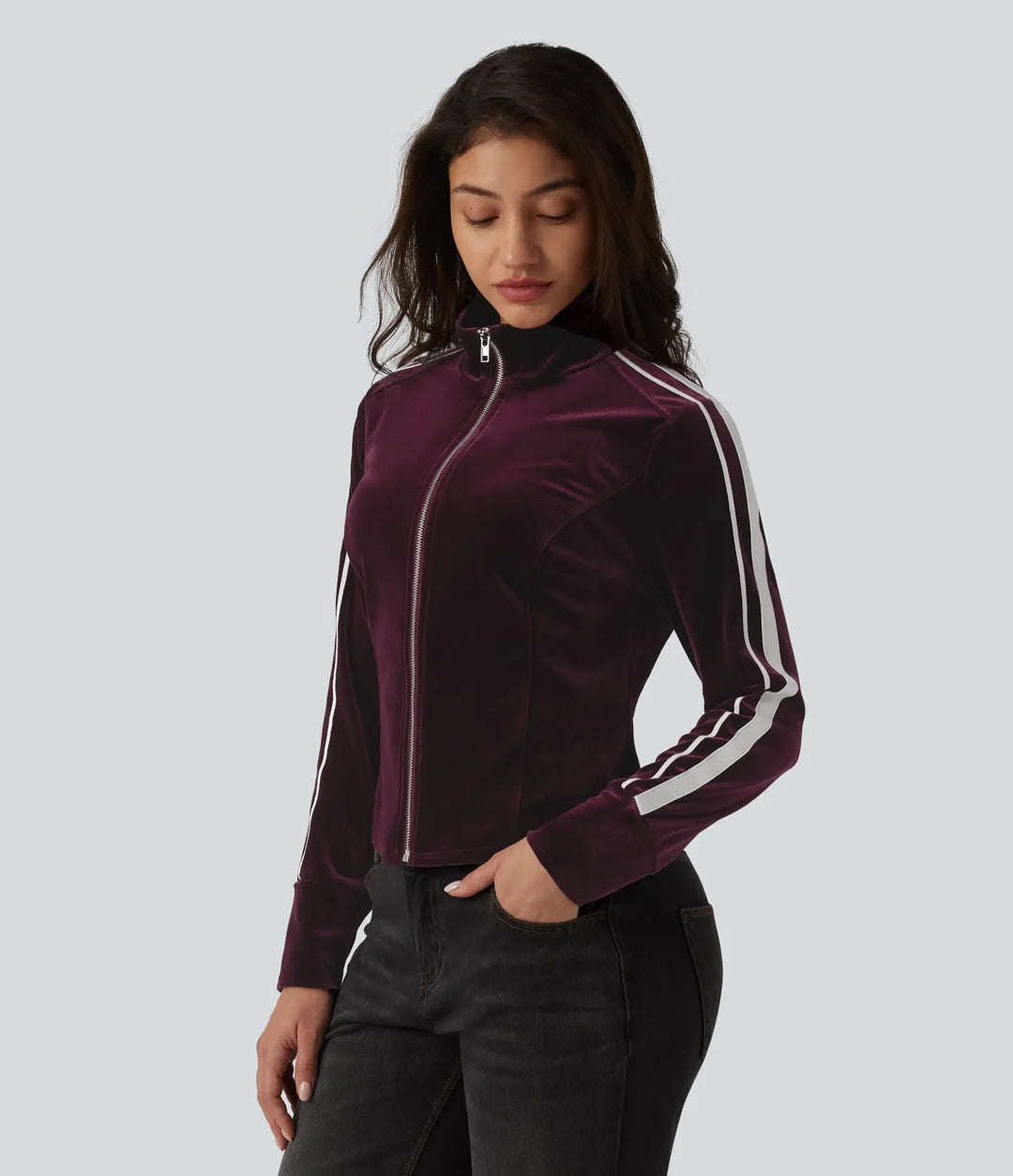 Mock Neck Long Sleeve Stripe Velvet Casual Jacket
