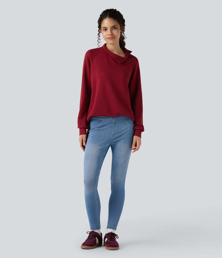 Mock-neck Long Sleeve Split High-Low Relaxed Casual Sweatshirt