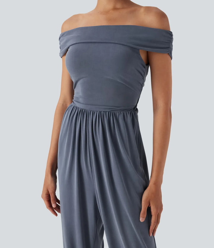 Off Shoulder Back Zipper Casual Jumpsuit with Pockets-Easy Peezy