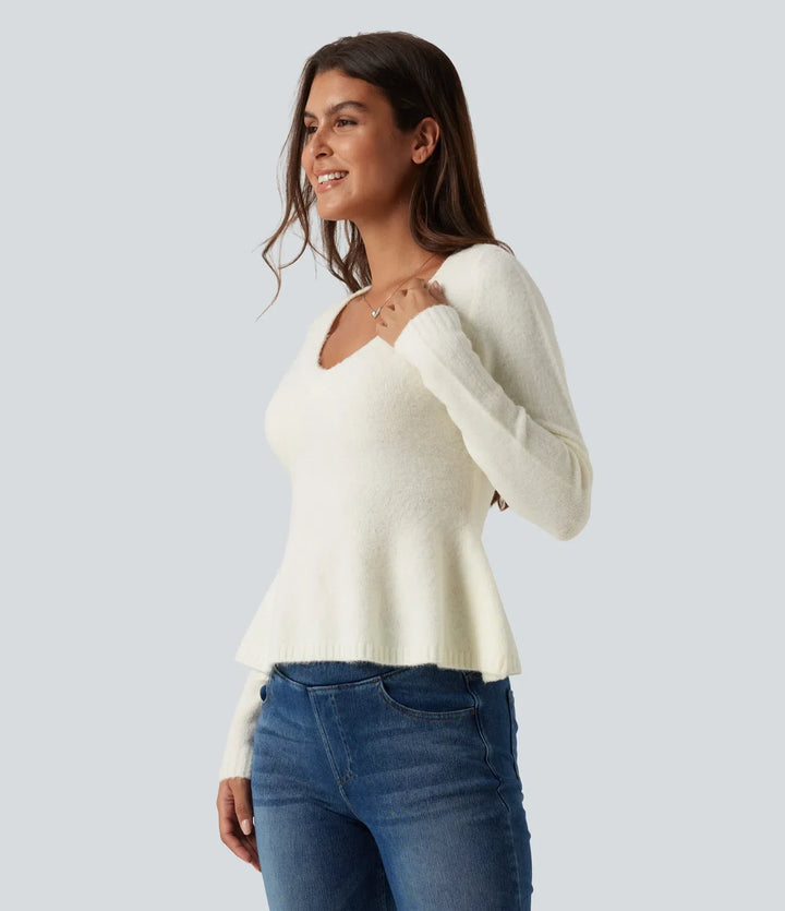 V Neck Long Sleeve Ruffle Hem Slim Casual Jumper