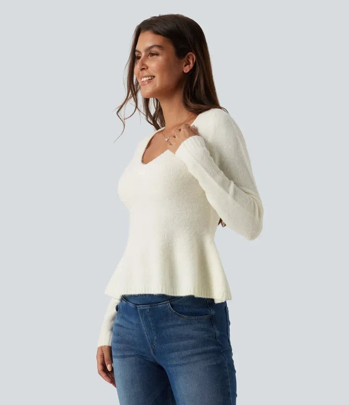 V Neck Long Sleeve Ruffle Hem Slim Casual Jumper