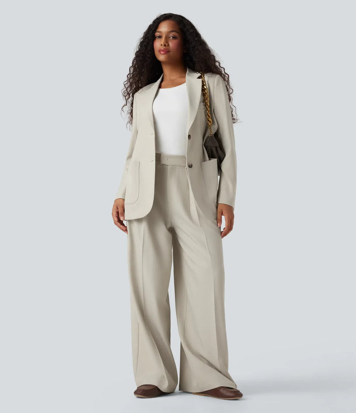 Notched Collar Long Sleeve Work Linen-Feel Blazer with Pockets