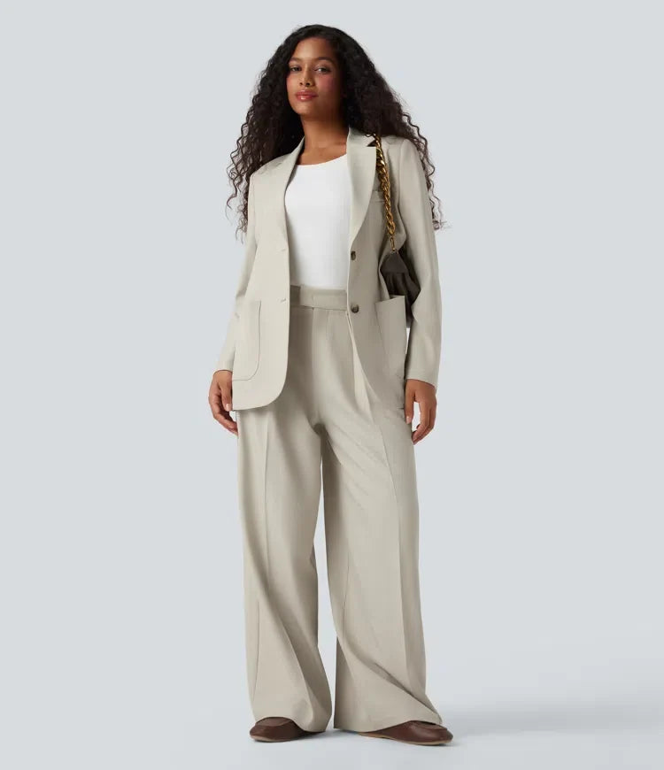 Notched Collar Long Sleeve Work Linen-Feel Blazer with Pockets