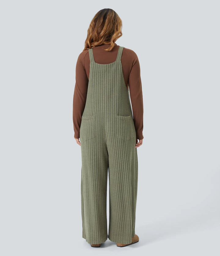 Ribbed Knit Fleece Casual Plus Size Dungarees with Pockets