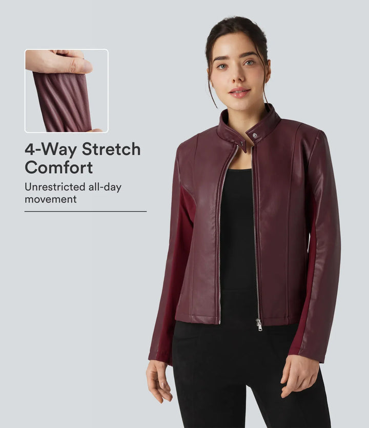 Stand Collar Zipper Long Sleeve Fleece Casual PU Faux Leather Jacket with Pockets