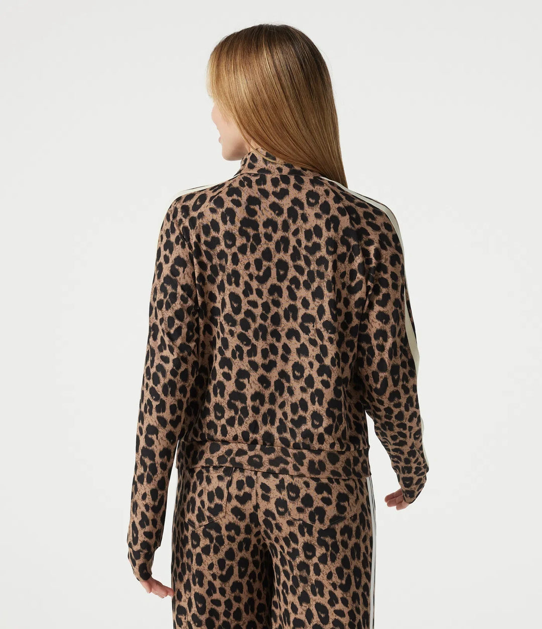 Stand Collar Zipper Long Sleeve Color Block Leopard Print Waffle Casual Jacket with Pockets