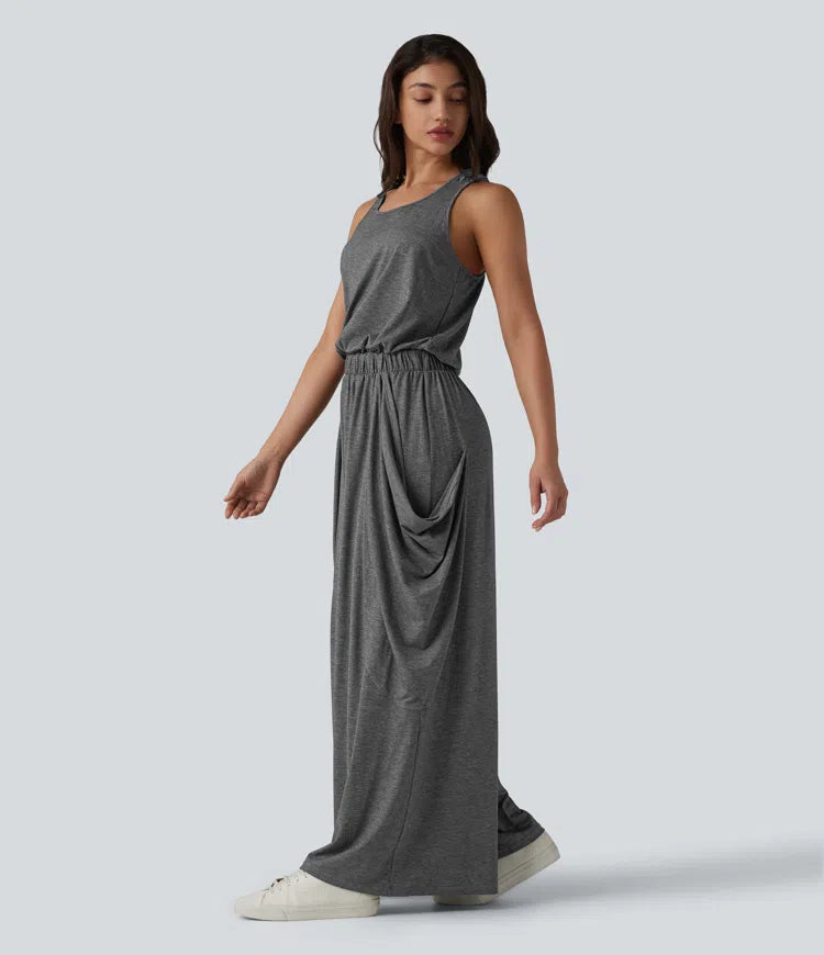Sleeveless Cut Out Wide Leg Casual Jumpsuit with Pockets-Easy Peezy Edition