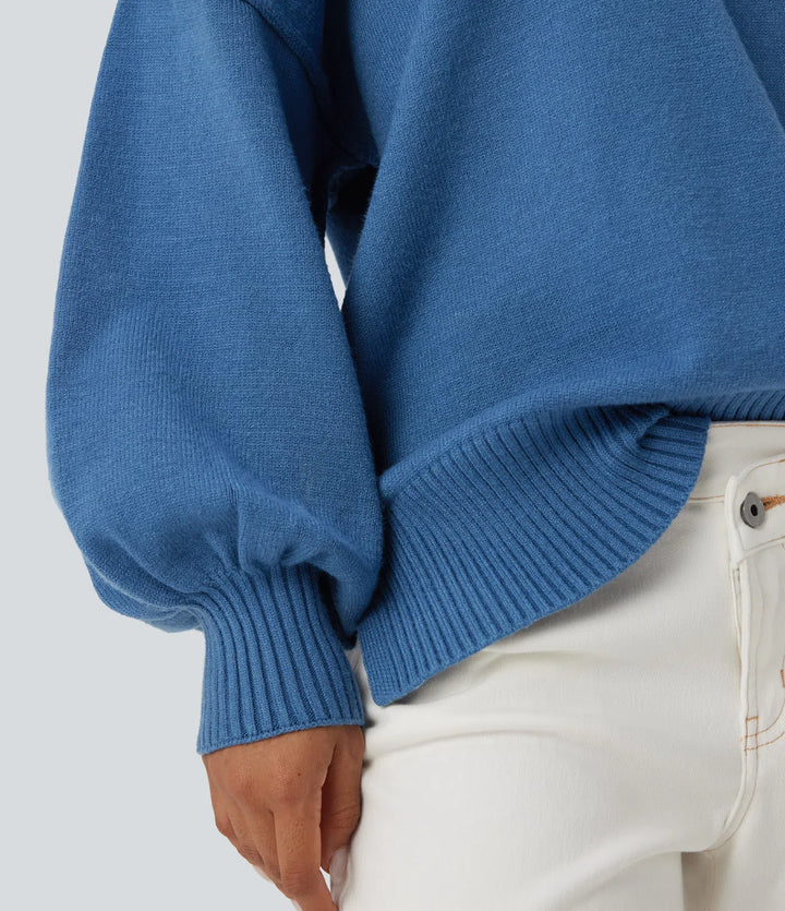 V Neck Dropped Shoulder Long Sleeve Split Casual Jumper