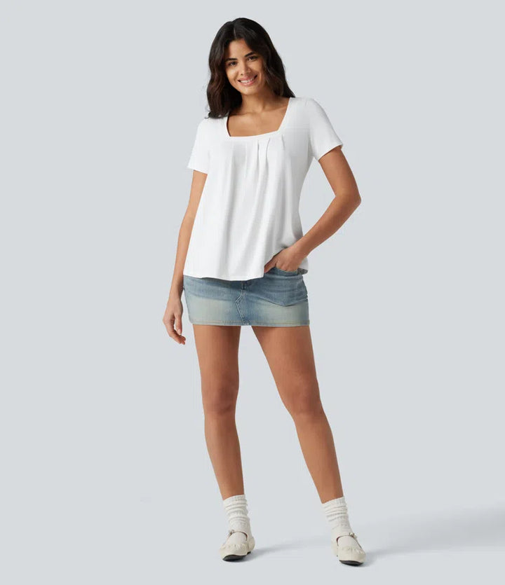 Square Neck Short Sleeve Casual Blouse