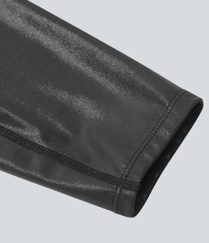 Softlyzero Faux Leather Crossover Back Pocket Foil Print Stretchy Casual Trousers