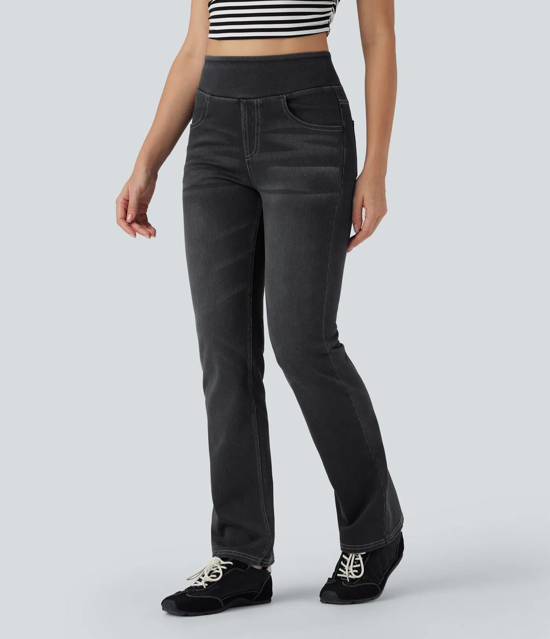Halara Flex High Waisted Tummy Control Washed Casual Bootcut Jeans with Pockets