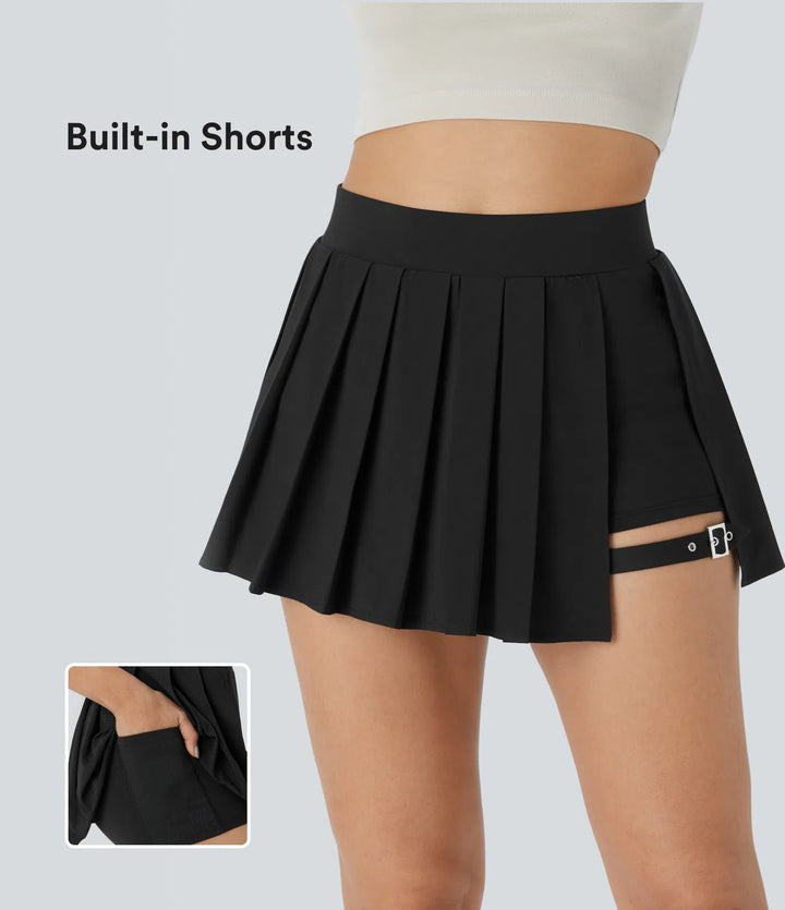 Breezeful High Waisted Pleated 2-in-1 Pocket Adjustable Buckle Micro Mini Quick Dry Party Skirt