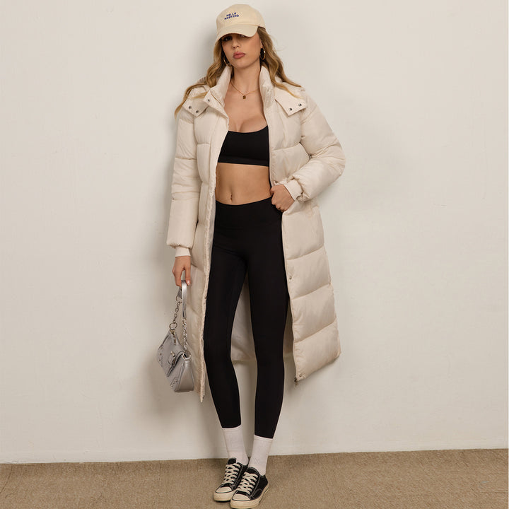 Hooded Long Sleeve Zipper Longline Casual Puffer Jacket with Pockets