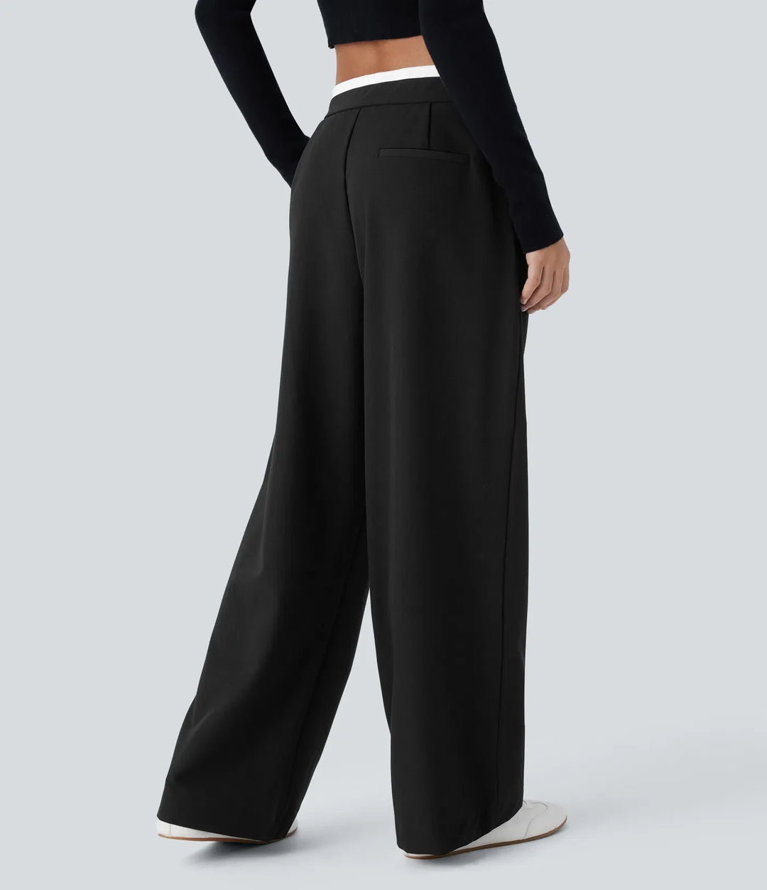 Double-Layer Color Block Low Rise Drawstring Pocket Wide Leg Casual Trousers