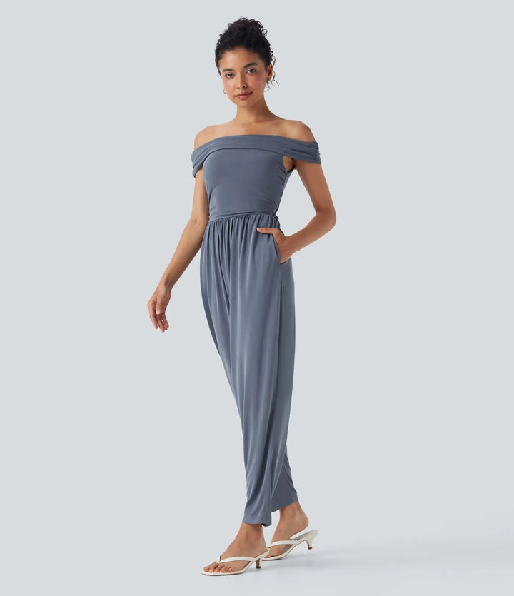 Off Shoulder Back Zipper Casual Jumpsuit with Pockets-Easy Peezy