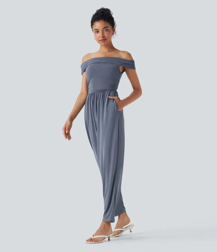 Off Shoulder Back Zipper Casual Jumpsuit with Pockets-Easy Peezy