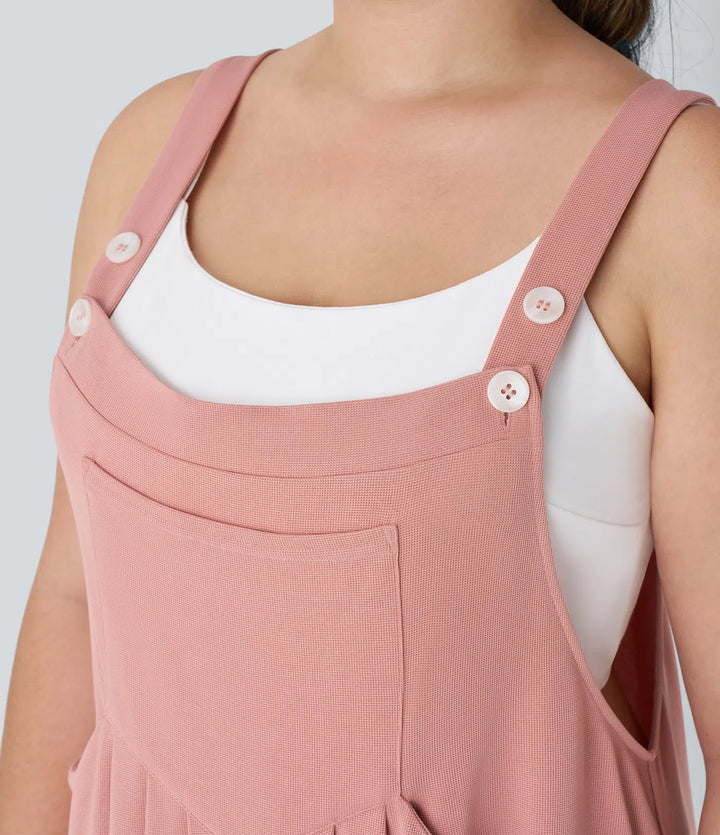Adjustable Strap Button Multiple Pockets Waffle Casual Plus Size Jogger Dungarees