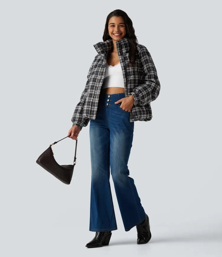 Stand Collar Long Sleeve Plaid Casual Padded Jacket with Pockets